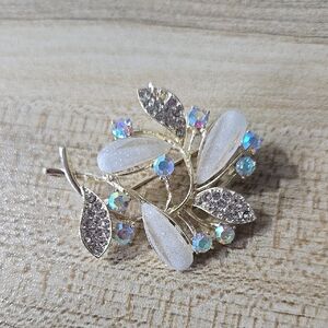 Elegant Gold and Cream Leaf Brooch with Crystal Accents And AB rhinestones